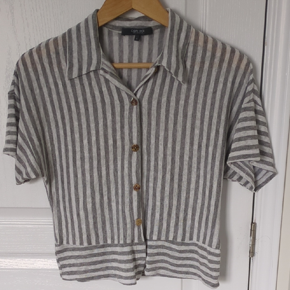 Gray and White Striped Button-Up Shirt
